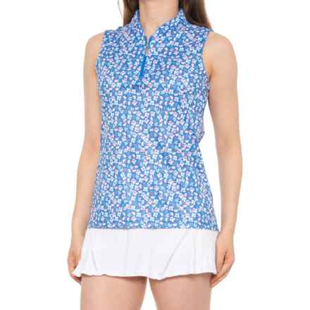 Greg Norman Ditsy Floral Polo Shirt - Zip Neck, Sleeveless in Palace Blue