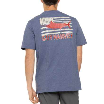 Guy Harvey Marlin Flag Graphic Pocket T-Shirt - Short Sleeve in Heather Navy