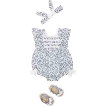 HAPPILY GREY Infant Girls Swiss Dot Bunny Bubble Romper, Sandals and Headband Set - Sleeveless in Marshmallow