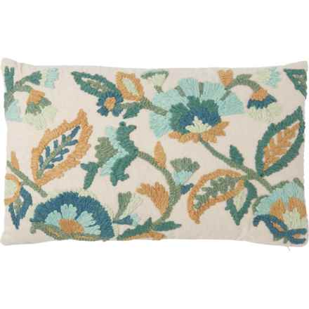 Harlow Embroidered Floral Feathers Throw Pillow - 16x26” in Teal