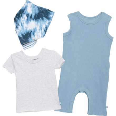 HONEST BABY CLOTHING Infant Boys T-Shirt, Rib-Knit Romper and Reversible Bib 3-Piece Set - Organic Cotton, Short Sleeve in Faded Denim