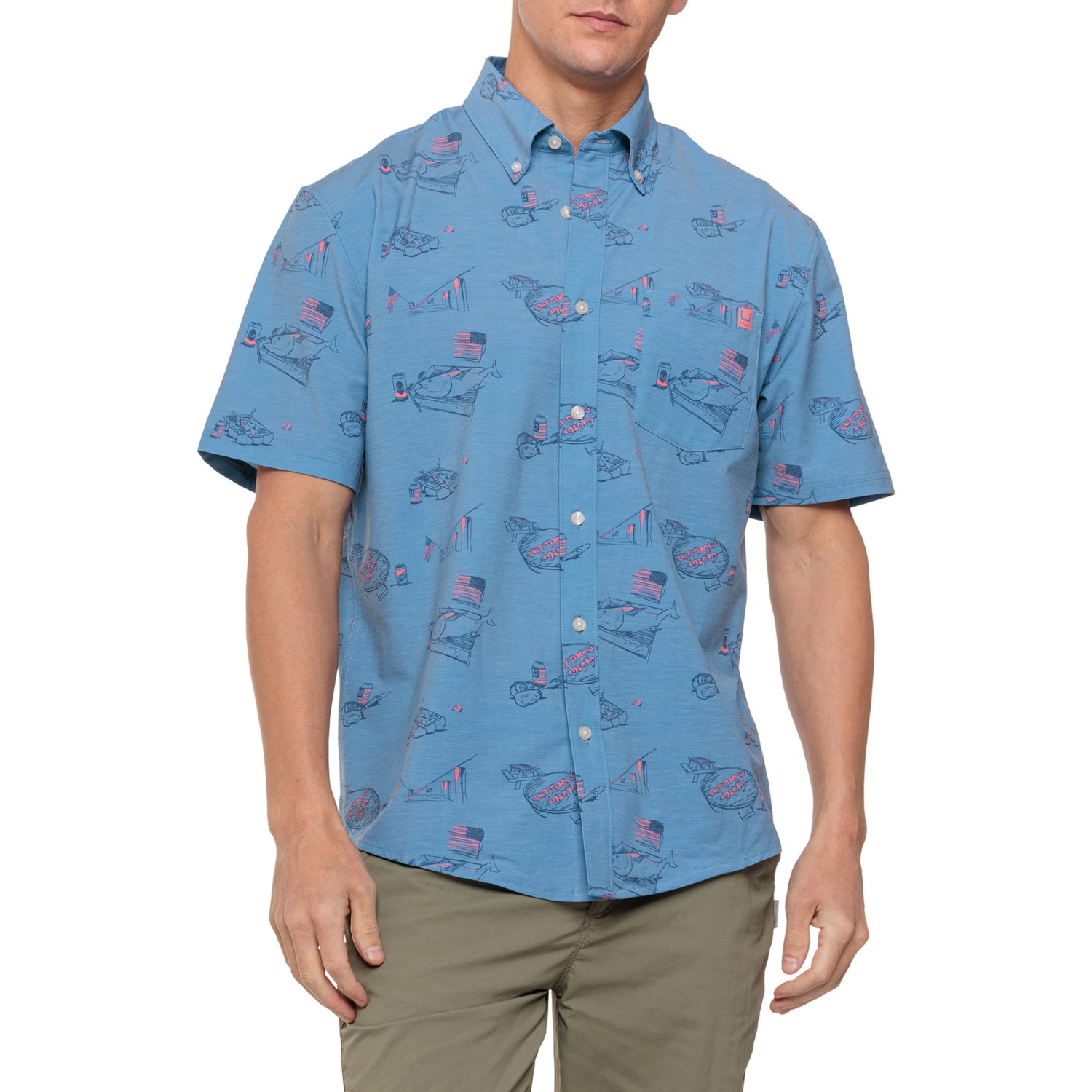 Chemise De Pêche Huk Homme - Manches Courtes, Bleu, Motif USA - UPF 30+ - Taille L - Neuf Avec étiquette