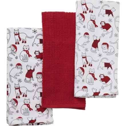 Humane Society of the United States Christmas Line Cats Kitchen Towels - 3-Pack, 18x28” in Red/White