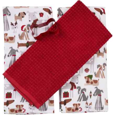 Humane Society of the United States Happy Pup Christmas Kitchen Towel Set with Cookie Cutter - 3-Pack, 18x28” in Red/Green/Nautral