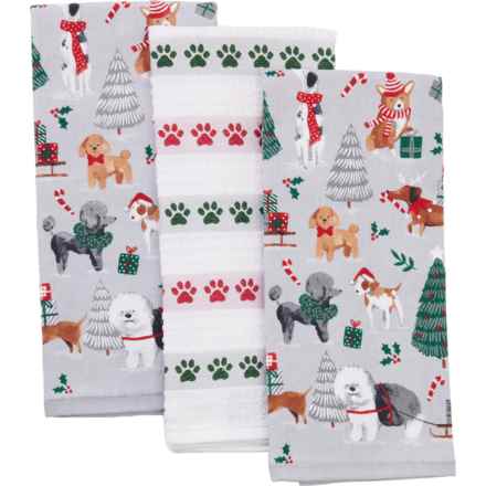 Humane Society of the United States Playful Christmas Dogs Kitchen Towel Set - 3-Pack, 18x28” in Stone