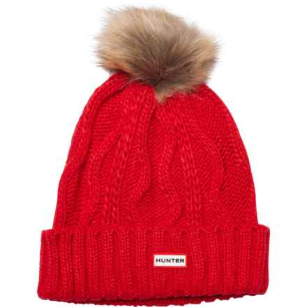 HUNTER Cable Knit Cuffed Beanie with Pom (For Women) in Logo Red