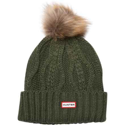 HUNTER Cable Knit Cuffed Beanie with Pom (For Women) in Maa Green