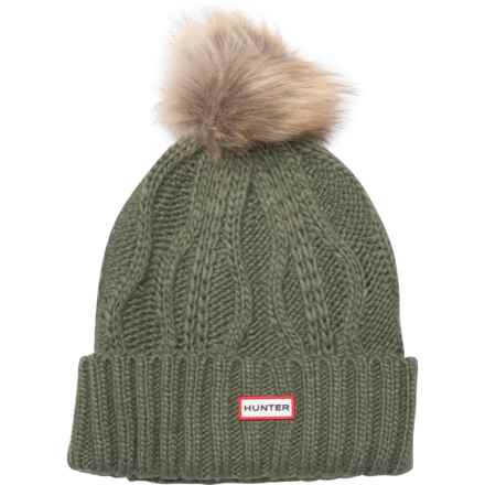 HUNTER Cable Knit Cuffed Beanie with Pom (For Women) in Urban Grey