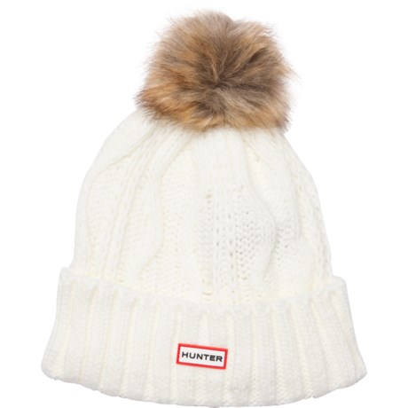 HUNTER Cable-Knit Cuffed Pompom Beanie (For Women) in White Willow