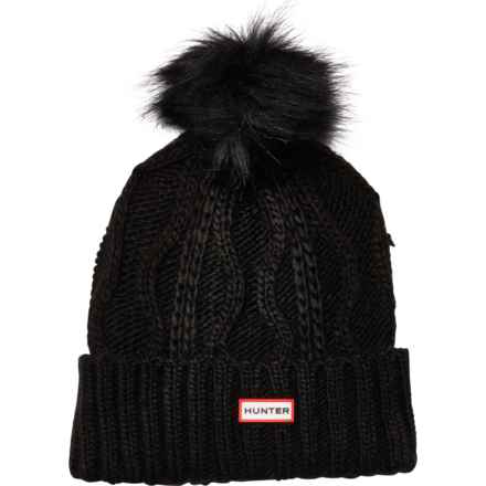 HUNTER Cable-Knit Cuffed Pompom Beanie in Black