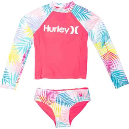 Hurley Big Girls Rash Guard and Bikini Bottoms Set - UPF 50+, Long Sleeve in Pink Punch