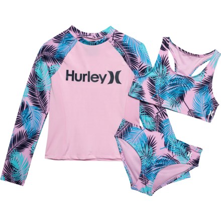 Hurley Big Girls Rash Guard and Bikini Set - UPF 50+, 3-Piece, Long Sleeve in Pink