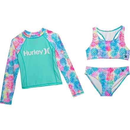 Hurley Big Girls Rash Guard and Bikini Set - UPF 50+, Long Sleeve in Aurora Green