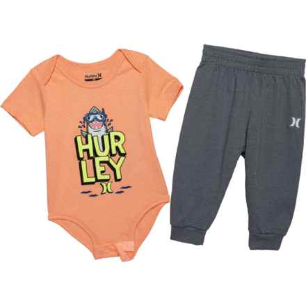 Hurley Infant Boys Baby Bodysuit and Joggers Set - Short Sleeve in Bright Mango Heather