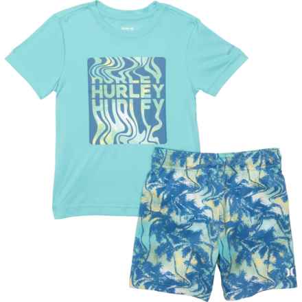 Hurley Little Boys Palm Tree Rash Guard and Swim Shorts Set - UPF 50+, Short Sleeve in Shoreline