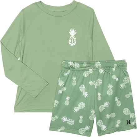 Hurley Little Boys PIneapple Rash Guard and Swim Shorts Set - UPF 50+, Long Sleeve in Palm Green