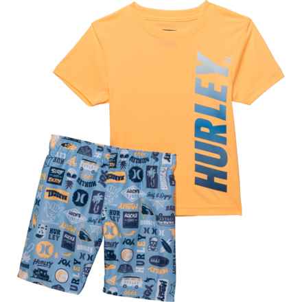 Hurley Little Boys Rash Guard and Swim Shorts Set - UPF 50+, Short Sleeve in Melon Tint