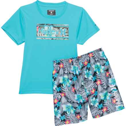 Hurley Little Boys Rash Guard and Swim Shorts Set - UPF 50+, Short Sleeve in Multi