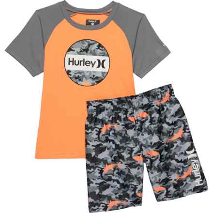Hurley Little Boys Rash Guard and Swim Shorts Set - UPF 50+, Short Sleeve in Orange Frost