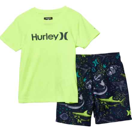 Hurley Little Boys Rash Guard and Swim Shorts Set - UPF 50+, Short Sleeve in Volt