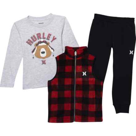 Hurley Little Boys Sherpa Vest, T-Shirt and Joggers Set - Long Sleeve in Gym Red