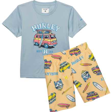Hurley Little Boys Sun Shirt and Swim Trunks Set - UPF 50+, Short Sleeve in Melon Tint