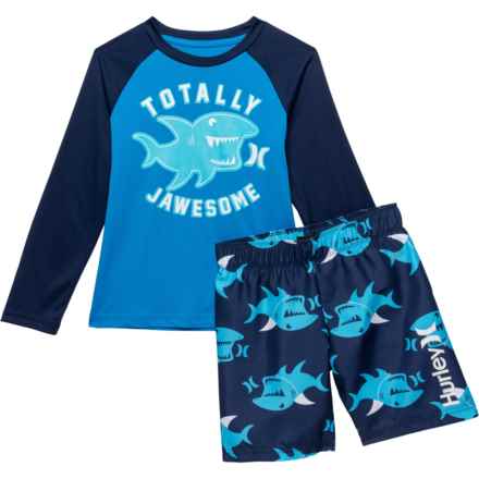 Hurley Little Boys Swim Shirt and Shorts Set - UPF 50+, Long Sleeve in Midnight Navy