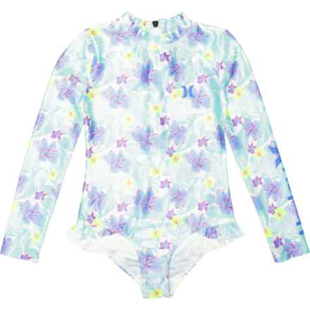 Hurley Little Girl One-Piece Rash Guard Swimsuit - UPF 50+, Long Sleeve in Sail