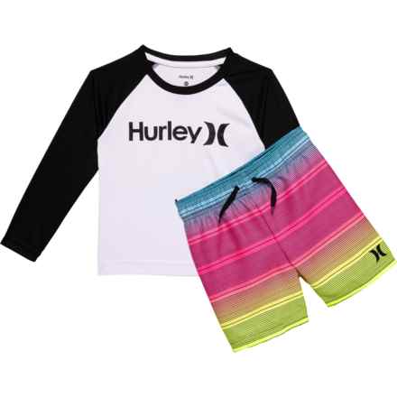 Hurley Toddler Boys Rash Guard and Swim Trunks Set - UPF 50+, Long Sleeve in Multi
