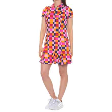 IBKUL Flounce Hem Zip Neck Dress - UPF 50+, Short Sleeve in Hot Pink/Orange