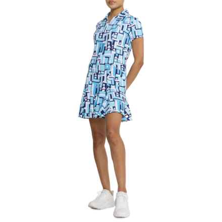 IBKUL Godet Dress - UPF 50+, Zip Neck, Short Sleeve in Jennifer Turq/Navy