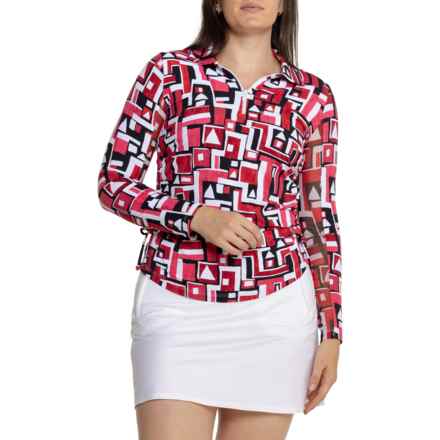 IBKUL Jesse Print Adjustable Length Polo Shirt - UPF 50+, Zip Neck, Long Sleeve in Jennifer Red/Black
