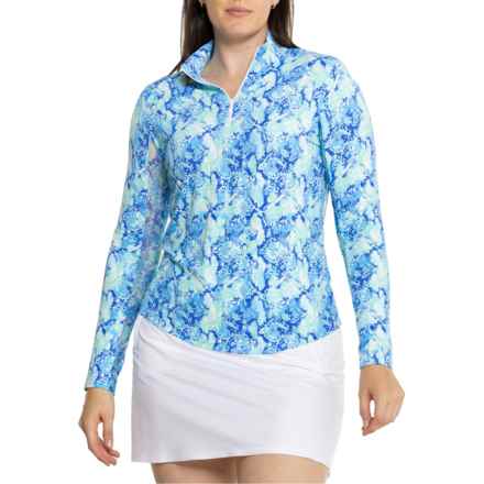 IBKUL Massie Print Mock Neck Shirt - UPF 50+, Zip Neck, Long Sleeve in Cora Jade/Blue