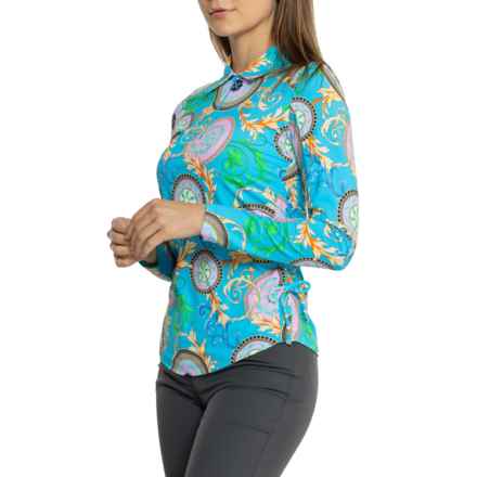 IBKUL Medallion Printed Adjustable Length Polo Shirt - UPF 50+, Zip Neck, Long Sleeve in Debbie Turq Multi