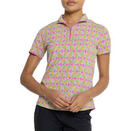IBKUL Mock Neck Shirt - UPF 50+, Zip Neck, Short Sleeve in Chantal Hotpink/Lime
