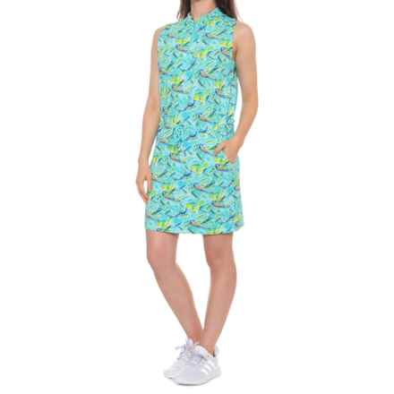 IBKUL Printed Drawstring Waist Dress - UPF 50+, Sleeveless in Jade Multi