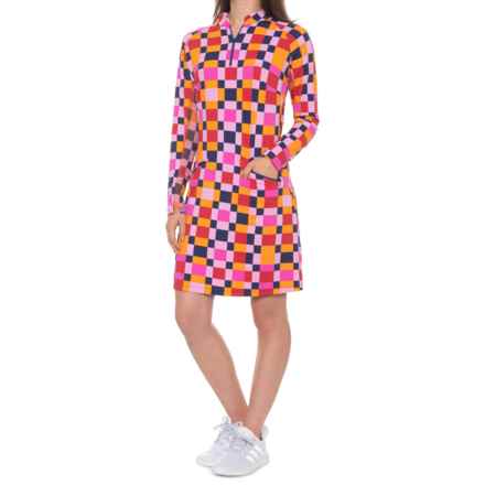 IBKUL Printed Dress - UPF 50+, Zip Neck, Long Sleeve in Hot Pink/Orange
