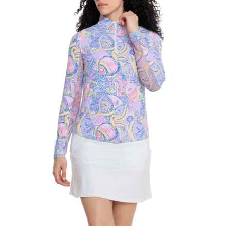 IBKUL Printed Mock-Neck Shirt - UPF 50+, Zip Neck, Long Sleeve in Mariel Blue Multi