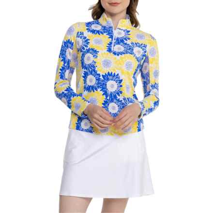 IBKUL Printed Mock-Neck Shirt - UPF 50+, Zip Neck, Long Sleeve in Ruthie Blue/Yellow