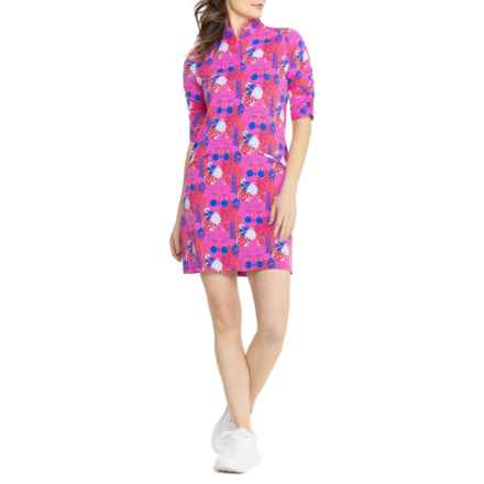 IBKUL Ruched Sleeve Dress - UPF 50+, Zip Neck, Elbow Sleeve in Nadia Hp/Watermelon