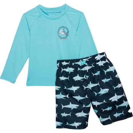 iXtreme Little Boys Tie-Dye Shark Print Rash Guard and Swim Shorts Set - Long Sleeve in Navy