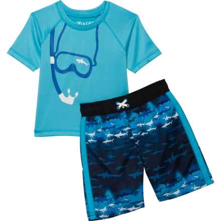 iXtreme Toddler Boys Pizza Shark Rash Guard and Trunks Set - Short Sleeve in Blue