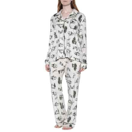 Jaclyn Camping Velour Notch Collar Pajamas - Long Sleeve in Green/Cream