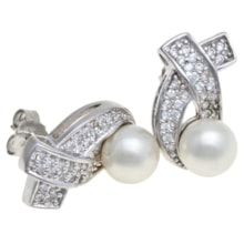 Joia de Majorca 8mm Pearl and Cubic Zirconia Earrings in White Cz/Rhodium - Closeouts