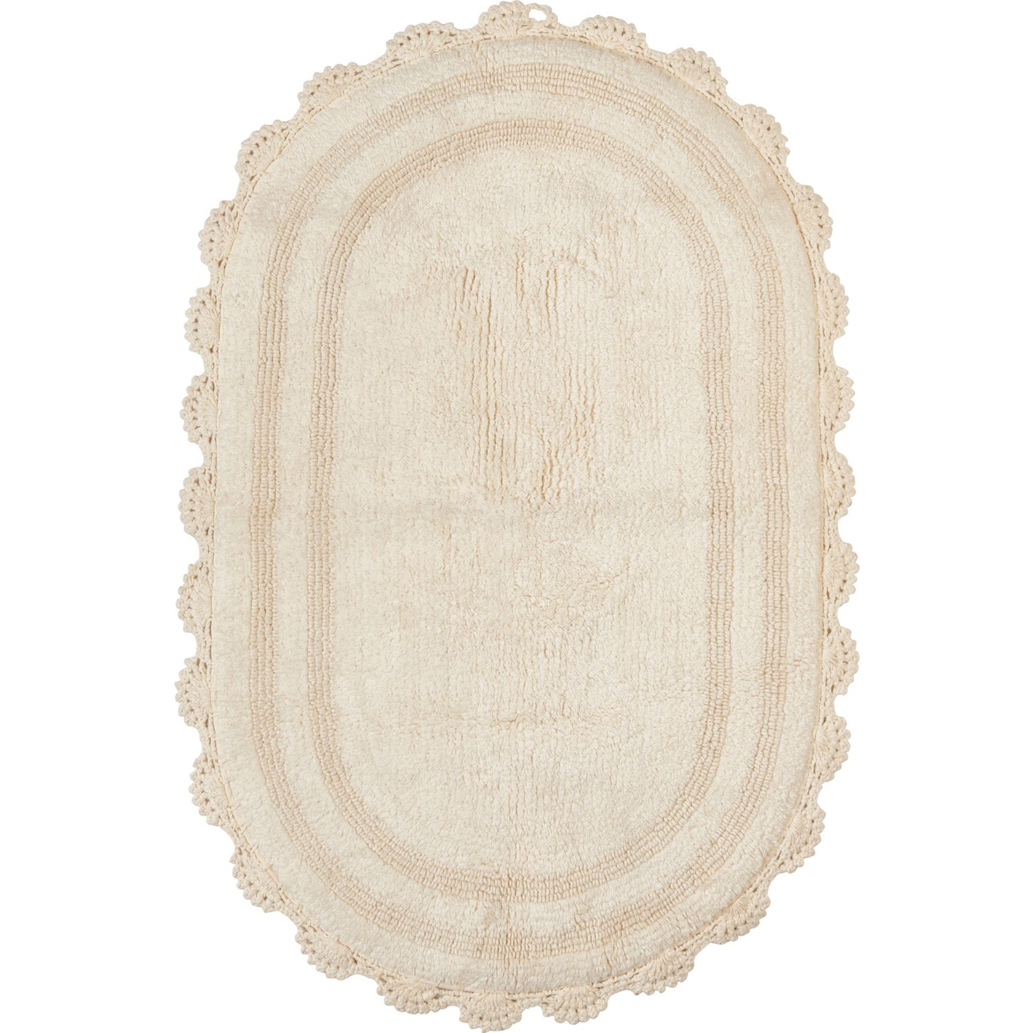 KAGYA 100 Cotton Oval Bath Rug With Crochet Border 21x34”, Ivory