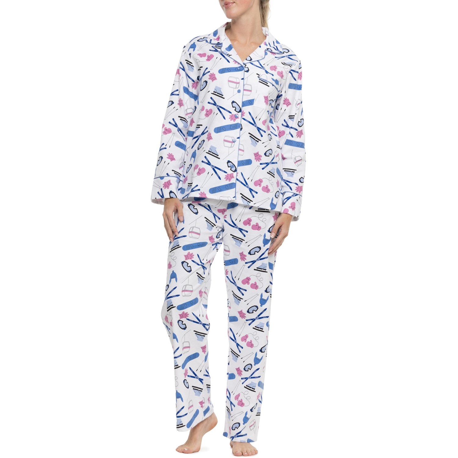 KayAnna Ski Accessories Printed Flannel Notch Collar Pajamas