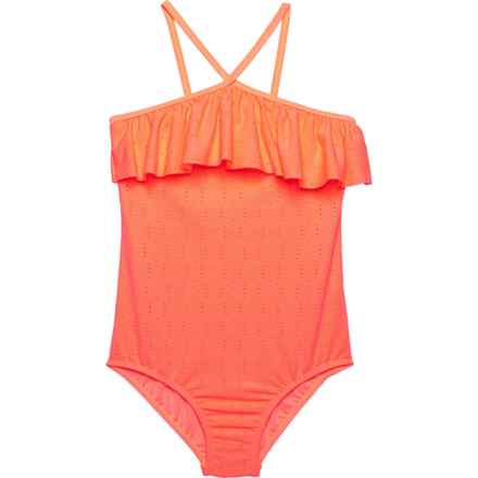 KENSIE GIRL Big Girls Eyelet One-Piece Swimsuit - UPF 50 in Neon Coral