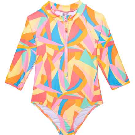 KENSIE GIRL Little Girls Colorful Geo One-Piece Rash Guard Suit - UPF 50, Long Sleeve in Coral