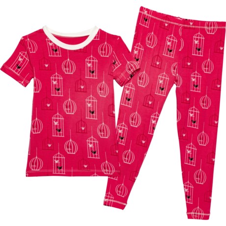 KICKEE PANTS Little Girls Printed Pajama Set - Short Sleeve in Winter Rose Birdcage