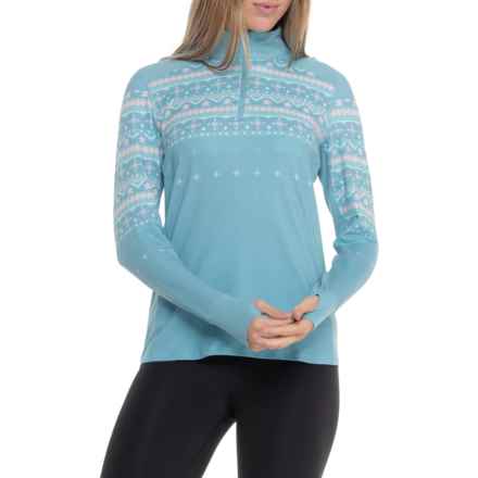 Kyodan Outdoor Fair Isle Base Layer Top - Zip Neck, Long Sleeve in Snow Cross/Muted Turquoise/Green Turquoise